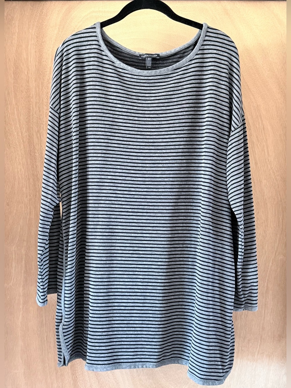 Eileen Fisher Tencel Stretch Tunic Top Gray Black Stripe Long Sleeve Women’s L